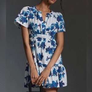 Anthropologie White and Blue Floral Mini Dress